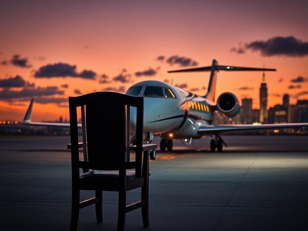 Flick International A sleek private jet at twilight on an upscale airport runway with New York City skyline in the background.