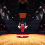 Flick International Artistic representation of a basketball court at dusk featuring the Chicago Bulls logo