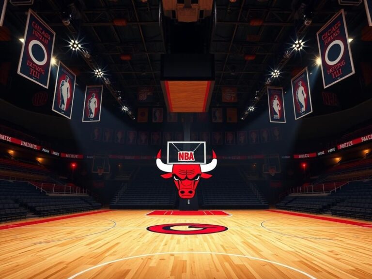 Flick International Artistic representation of a basketball court at dusk featuring the Chicago Bulls logo