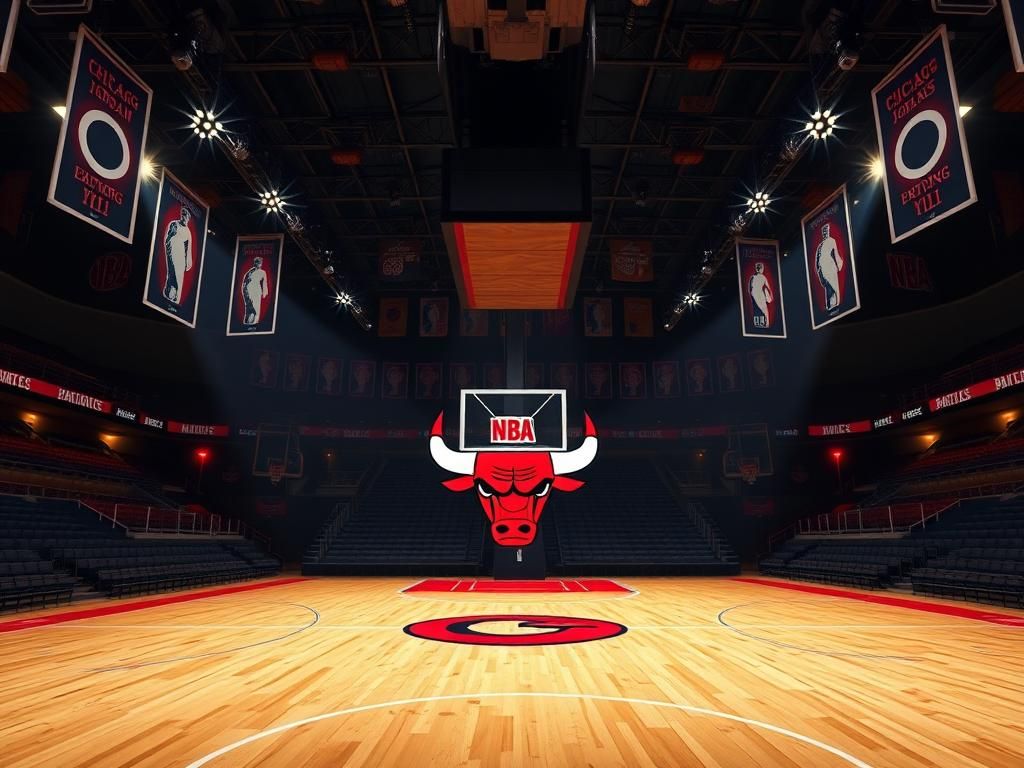 Flick International Artistic representation of a basketball court at dusk featuring the Chicago Bulls logo
