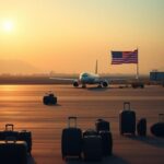 Flick International Empty airport tarmac with a single airplane, symbolizing refugee arrival