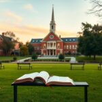 Flick International Serene outdoor scene of a college campus featuring a chapel-like building