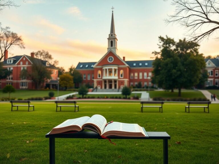 Flick International Serene outdoor scene of a college campus featuring a chapel-like building