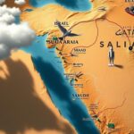 Flick International Aerial view of a map of the Middle East highlighting Israel and surrounding nations