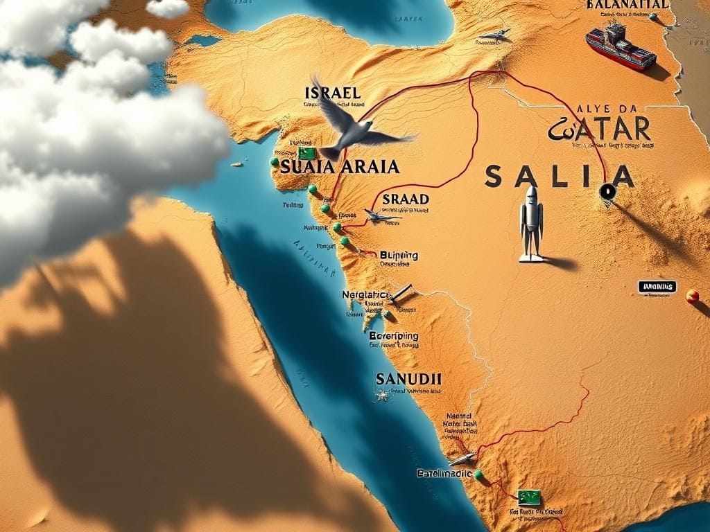 Flick International Aerial view of a map of the Middle East highlighting Israel and surrounding nations