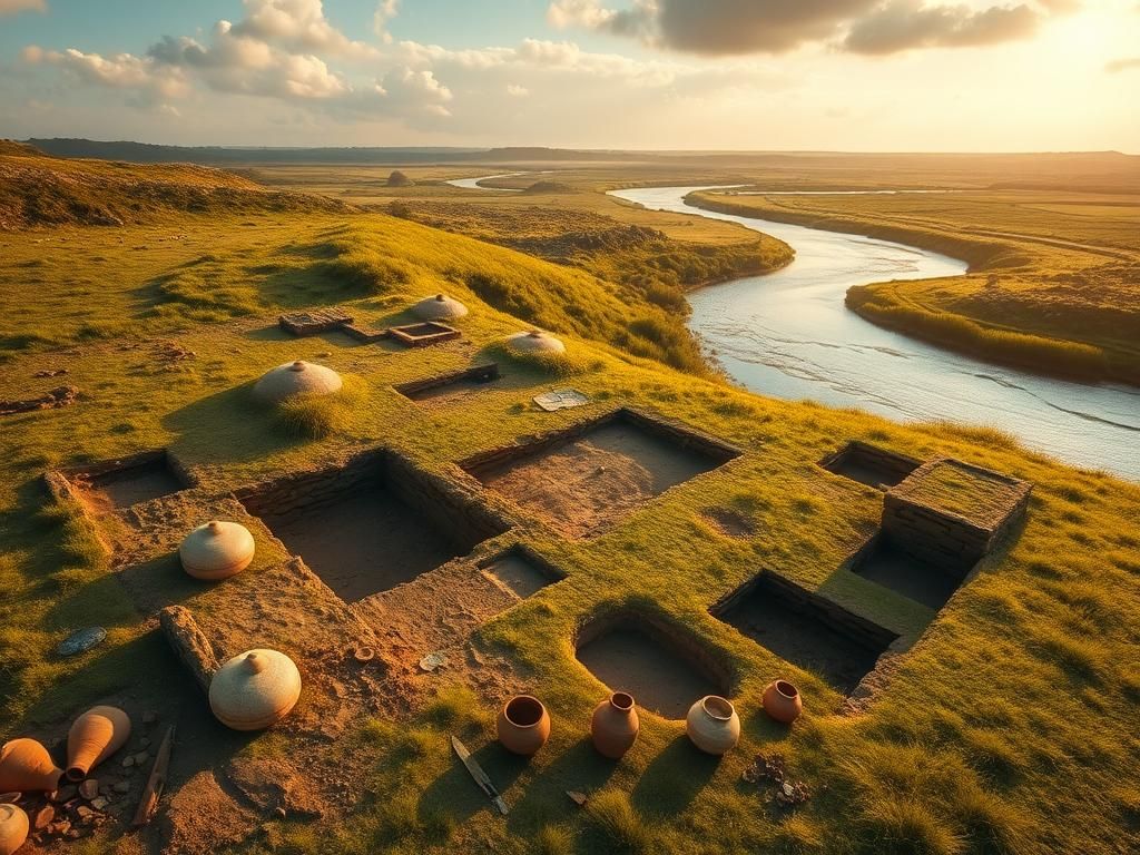 Flick International Aerial view of an archaeological excavation revealing a Late Bronze Age settlement and burial mounds