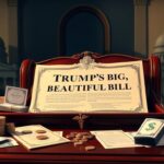 Flick International A large, ornate bill labeled 'Trump's Big, Beautiful Bill' displayed on a richly decorated wooden desk surrounded by healthcare symbols
