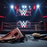 Flick International Dramatic wrestling ring scene with a broken announcers' table and vibrant WWE backdrop
