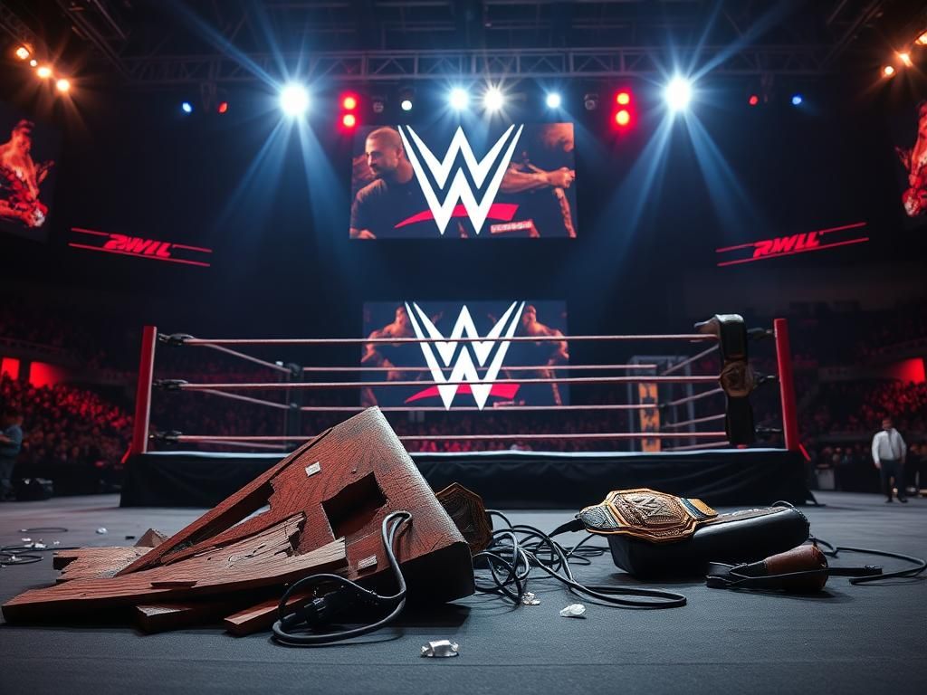 Flick International Dramatic wrestling ring scene with a broken announcers' table and vibrant WWE backdrop
