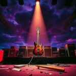 Flick International A vibrant rock concert stage set at dusk with an electric guitar and colorful amplifiers