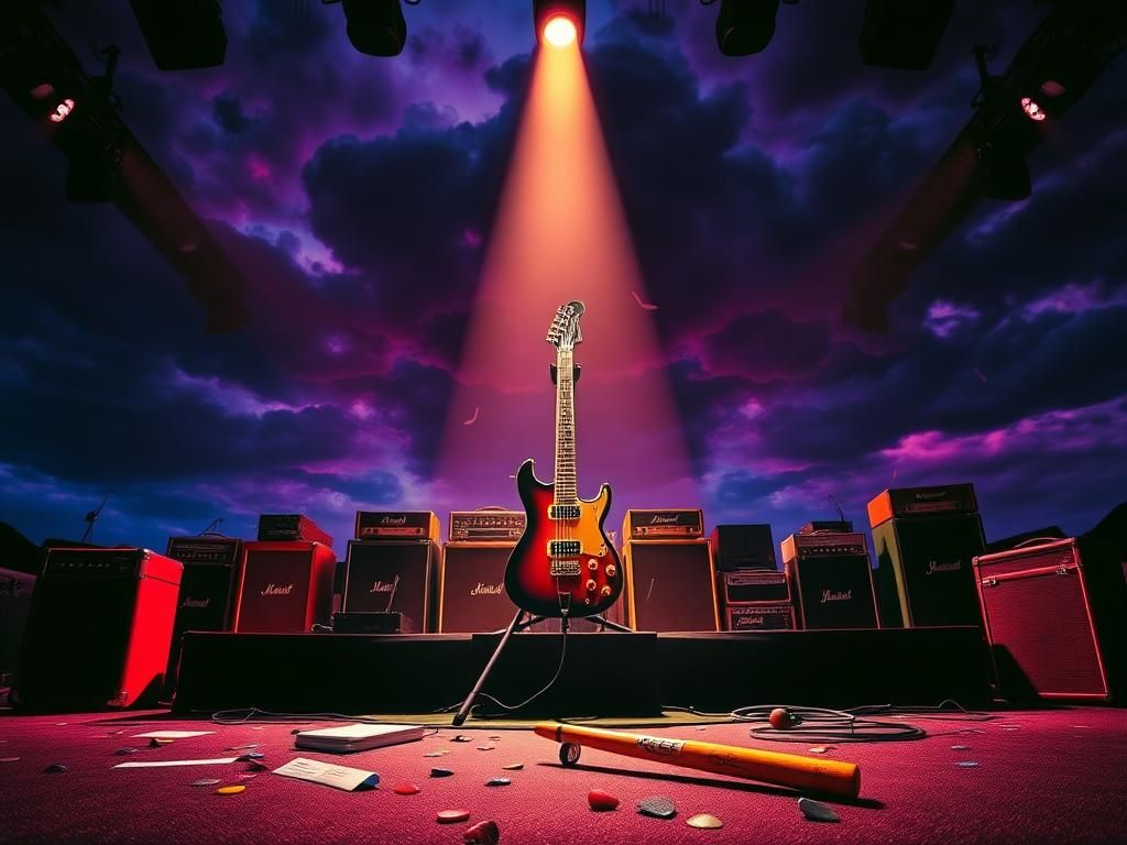 Flick International A vibrant rock concert stage set at dusk with an electric guitar and colorful amplifiers