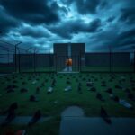 Flick International Exterior view of Delany Hall Detention Center with scattered shoes symbolizing a clergy protest