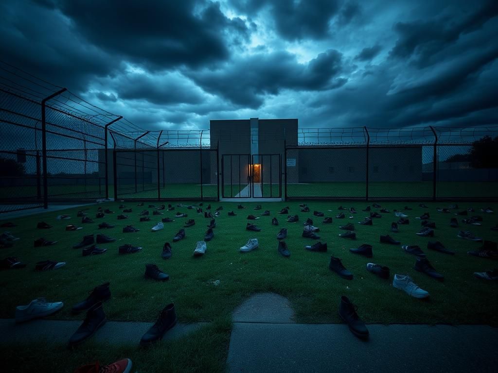 Flick International Exterior view of Delany Hall Detention Center with scattered shoes symbolizing a clergy protest