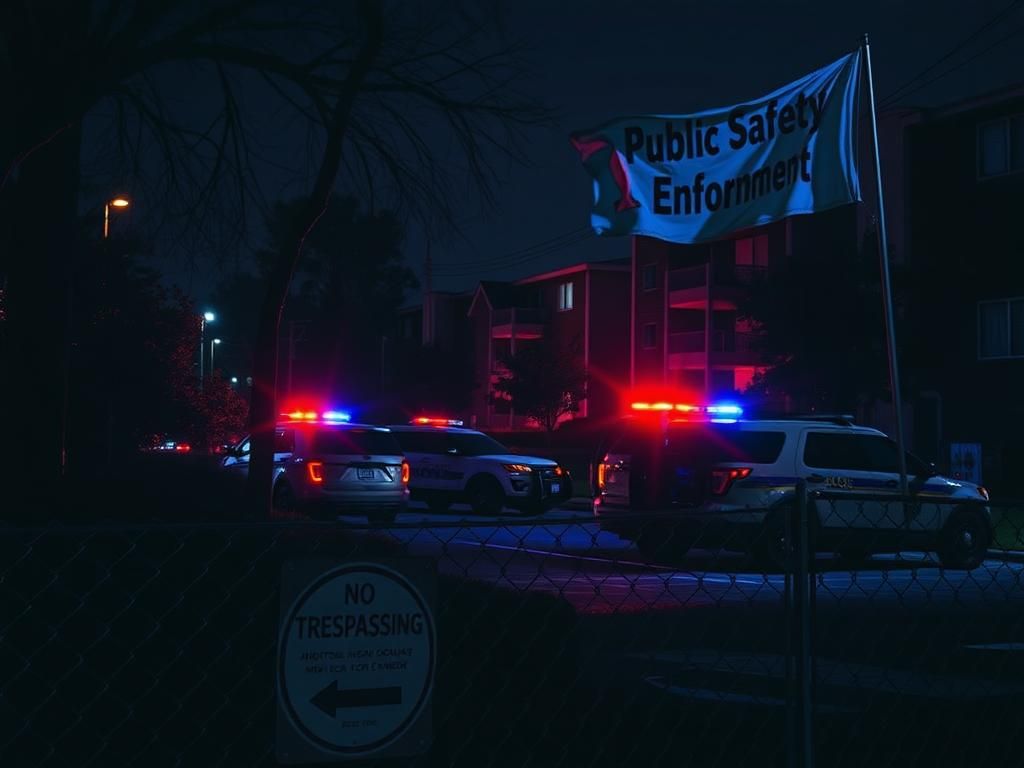 Flick International Nighttime view of a Houston apartment complex with police lights flashing