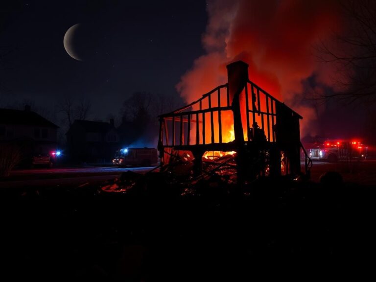 Flick International Aftermath of a house fire in New Jersey illuminated by smoldering debris