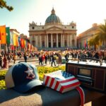 Flick International Vibrant scene of Saint Peter's Square with cultural banners and American symbols