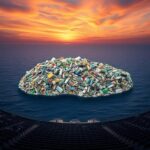 Flick International Surreal depiction of a massive floating island made of plastic waste in the ocean, symbolizing controversy