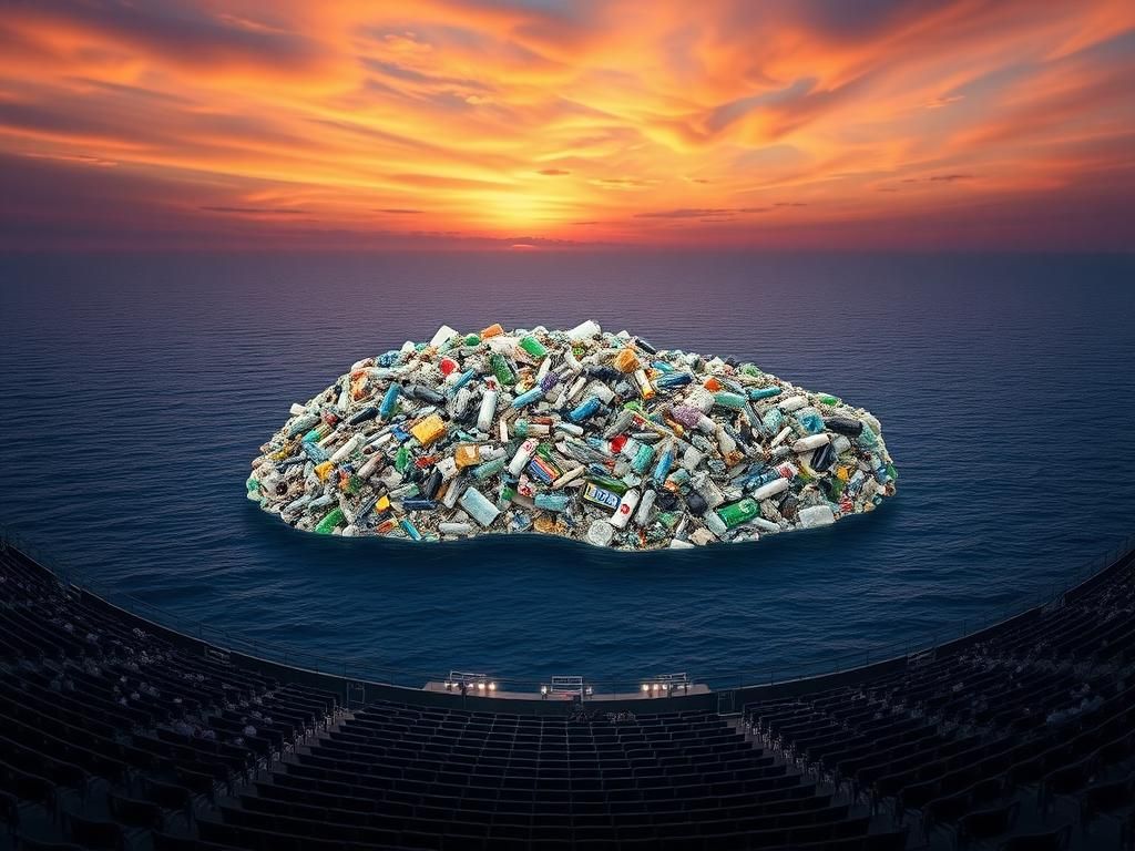 Flick International Surreal depiction of a massive floating island made of plastic waste in the ocean, symbolizing controversy