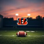 Flick International A tense football field at dusk with the Cincinnati Bengals logo, symbolizing contract negotiation issues.