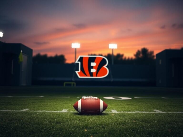 Flick International A tense football field at dusk with the Cincinnati Bengals logo, symbolizing contract negotiation issues.