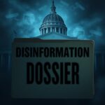 Flick International Abstract representation of a government building with columns and a disinformation dossier
