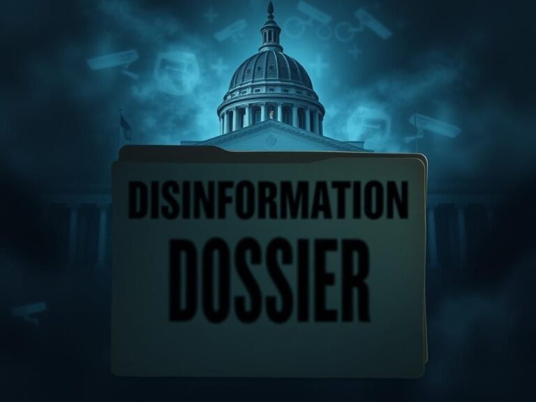 Flick International Abstract representation of a government building with columns and a disinformation dossier