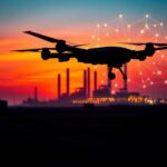 Flick International Close-up view of an industrial landscape with a steel plant and a military drone against a sunset sky