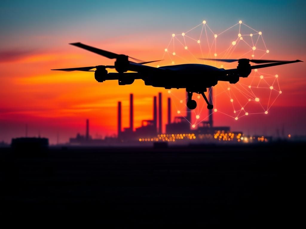 Flick International Close-up view of an industrial landscape with a steel plant and a military drone against a sunset sky