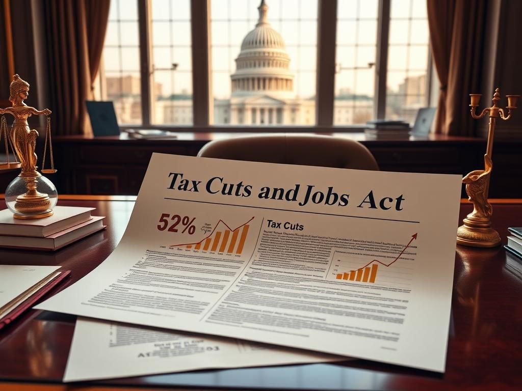 Flick International Elegant piece of legislation titled 'Tax Cuts and Jobs Act' on a polished wooden desk