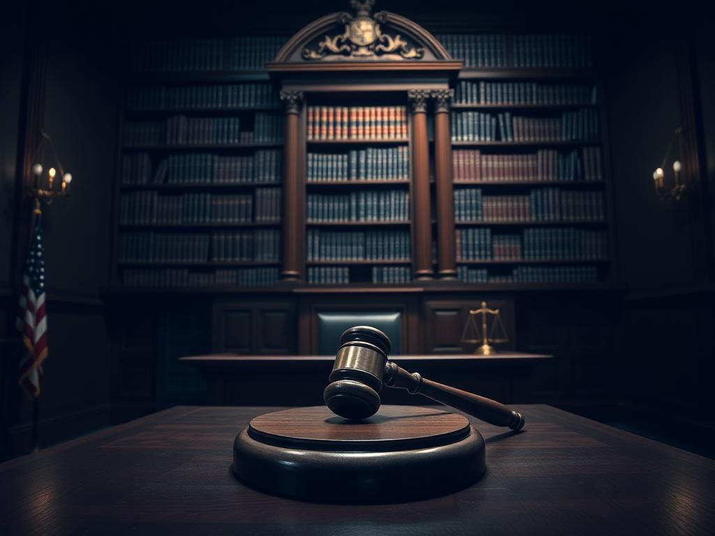 Flick International Empty grand judge's chamber with a large wooden gavel on a polished mahogany bench