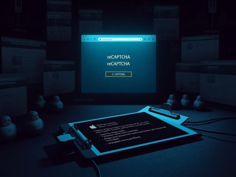 Flick International Dark digital landscape with websites and distorted CAPTCHA prompts showcasing malware threat.
