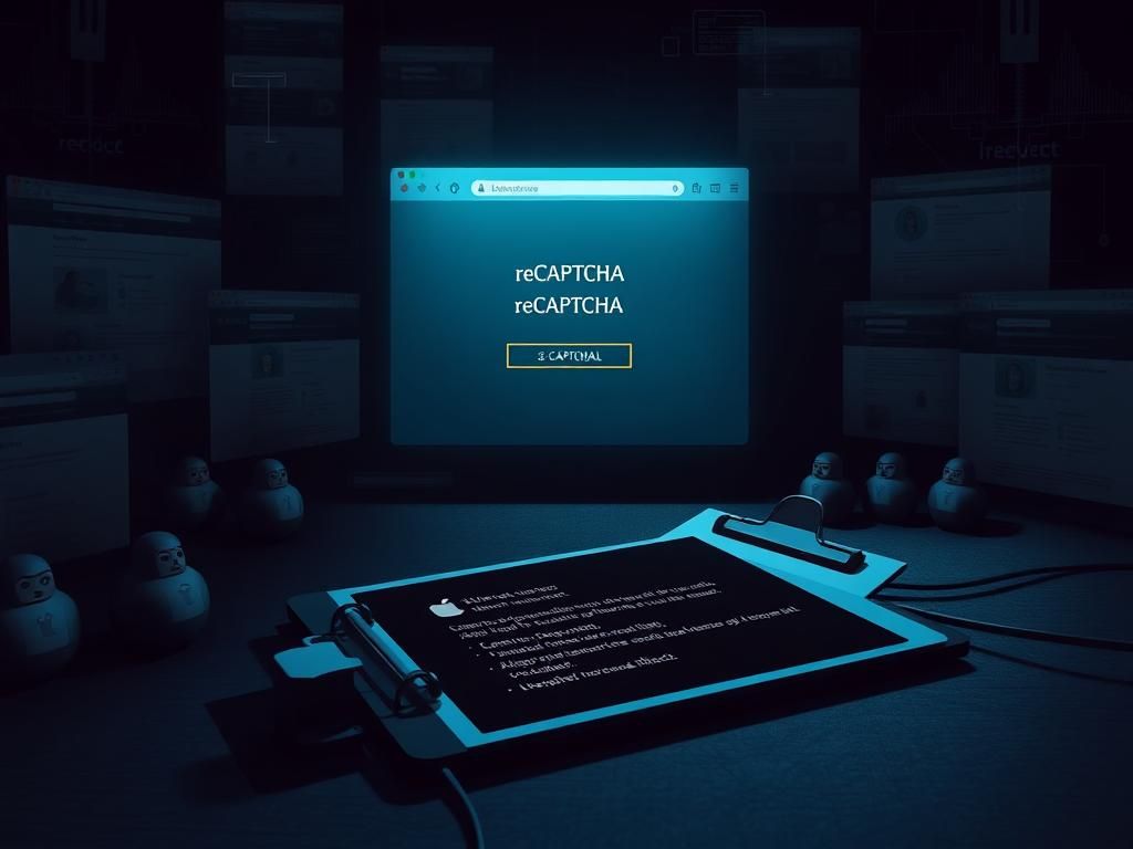 Flick International Dark digital landscape with websites and distorted CAPTCHA prompts showcasing malware threat.