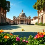 Flick International Serene tennis court at the Vatican with St. Peter's Basilica in the background