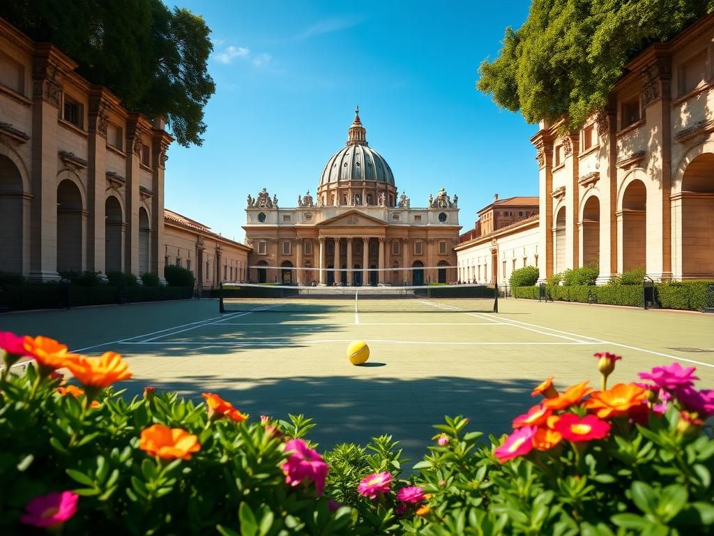 Flick International Serene tennis court at the Vatican with St. Peter's Basilica in the background