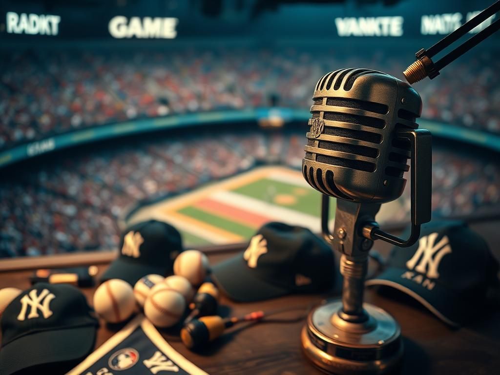 Flick International Close-up of vintage radio broadcasting equipment with Yankees memorabilia
