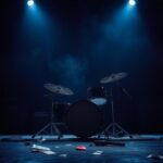 Flick International Empty concert stage featuring a drum set, representing the absence of drummer Sean Kinney