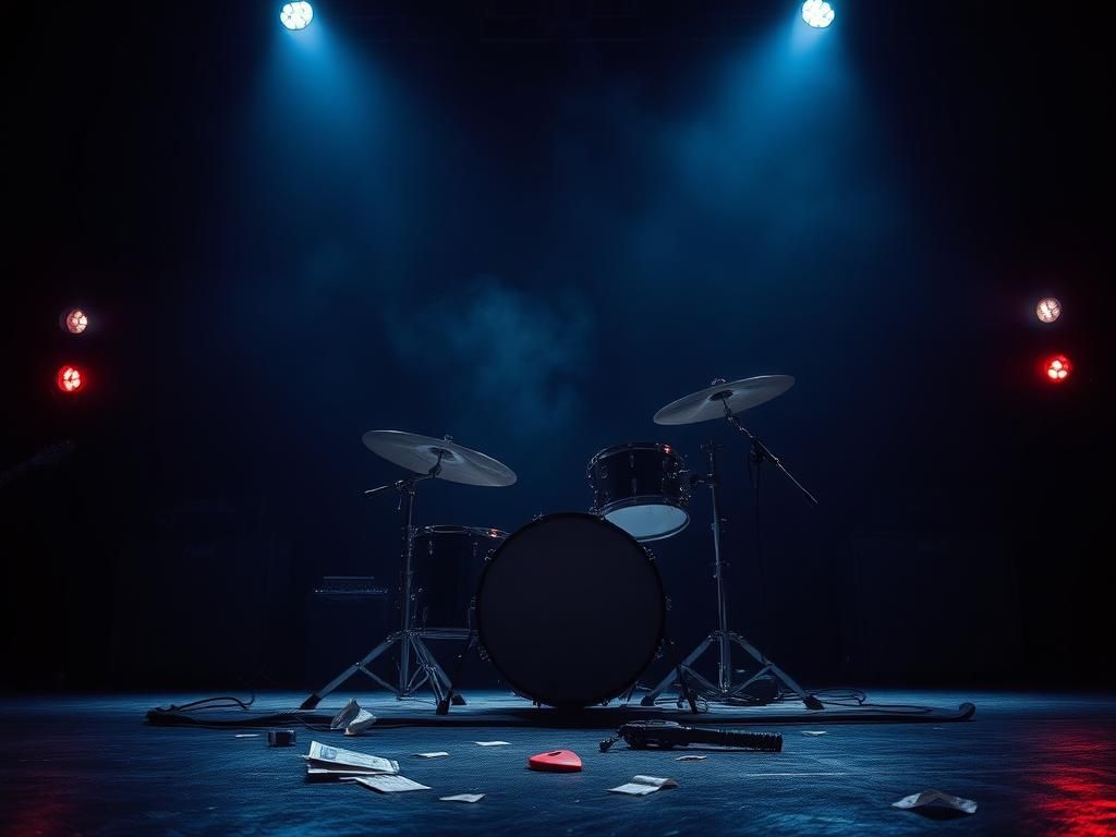Flick International Empty concert stage featuring a drum set, representing the absence of drummer Sean Kinney