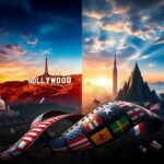 Flick International A dramatic split landscape depicting Hollywood landmarks on one side and international sites on the other, symbolizing film production locations.