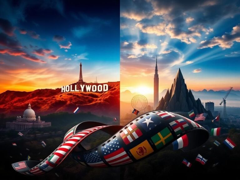 Flick International A dramatic split landscape depicting Hollywood landmarks on one side and international sites on the other, symbolizing film production locations.