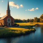 Flick International Historical Christ Episcopal Church surrounded by lush greenery and a serene waterfront.