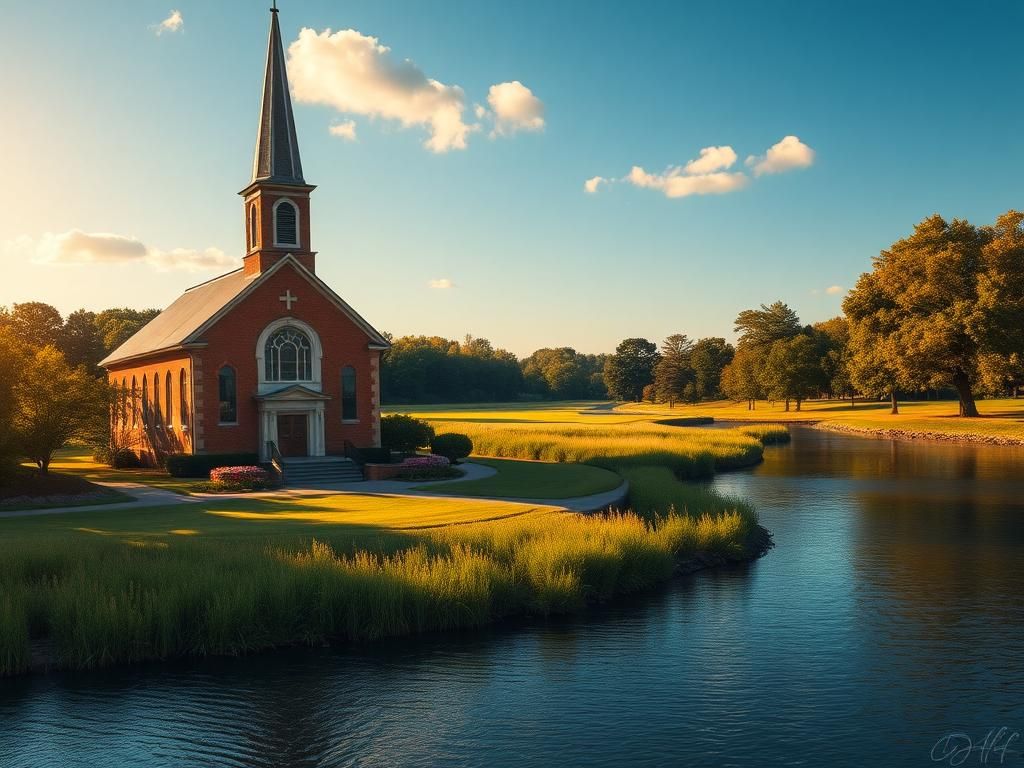 Flick International Historical Christ Episcopal Church surrounded by lush greenery and a serene waterfront.