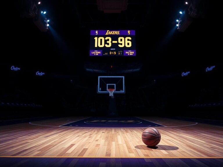 Flick International Abandoned basketball on a dimly lit Lakers court, symbolizing missed opportunities