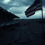 Flick International Dimly lit barracks with empty cots and a weathered American flag fluttering in the breeze
