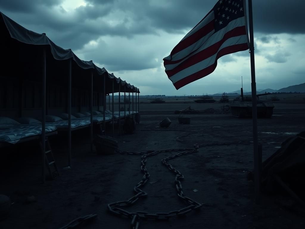 Flick International Dimly lit barracks with empty cots and a weathered American flag fluttering in the breeze