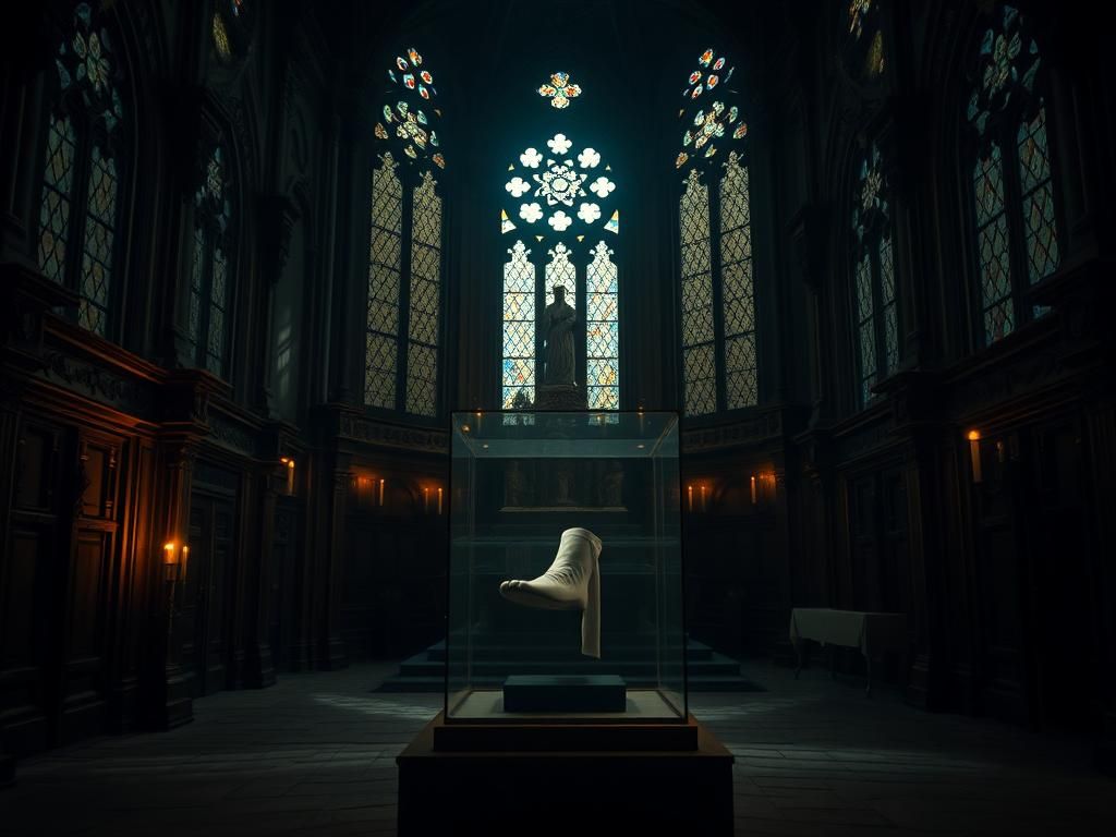 Flick International Well-preserved foot of St. Teresa of Avila in a glass display case inside a dimly lit church