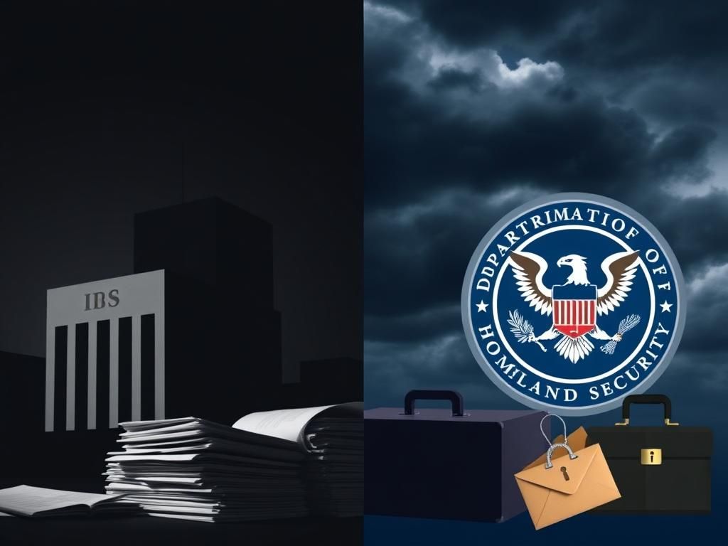 Flick International A split-scene image contrasting IRS authority and DHS law enforcement themes