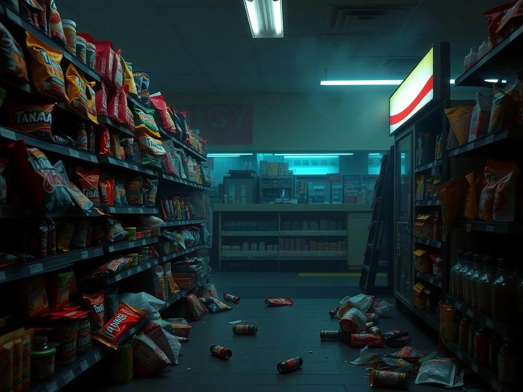 Flick International Dimly lit gas station convenience store aisle with unregulated products labeled as ‘gas station heroin’