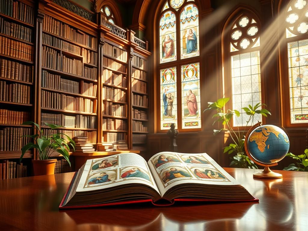 Flick International A vibrant library scene depicting the history of the Catholic Church, showcasing diversity and heritage.