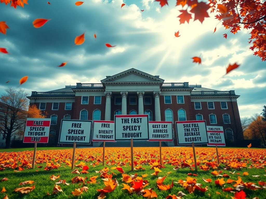 Flick International A large, historic university building surrounded by protest signs advocating for free speech and diversity on a colorful autumn day.