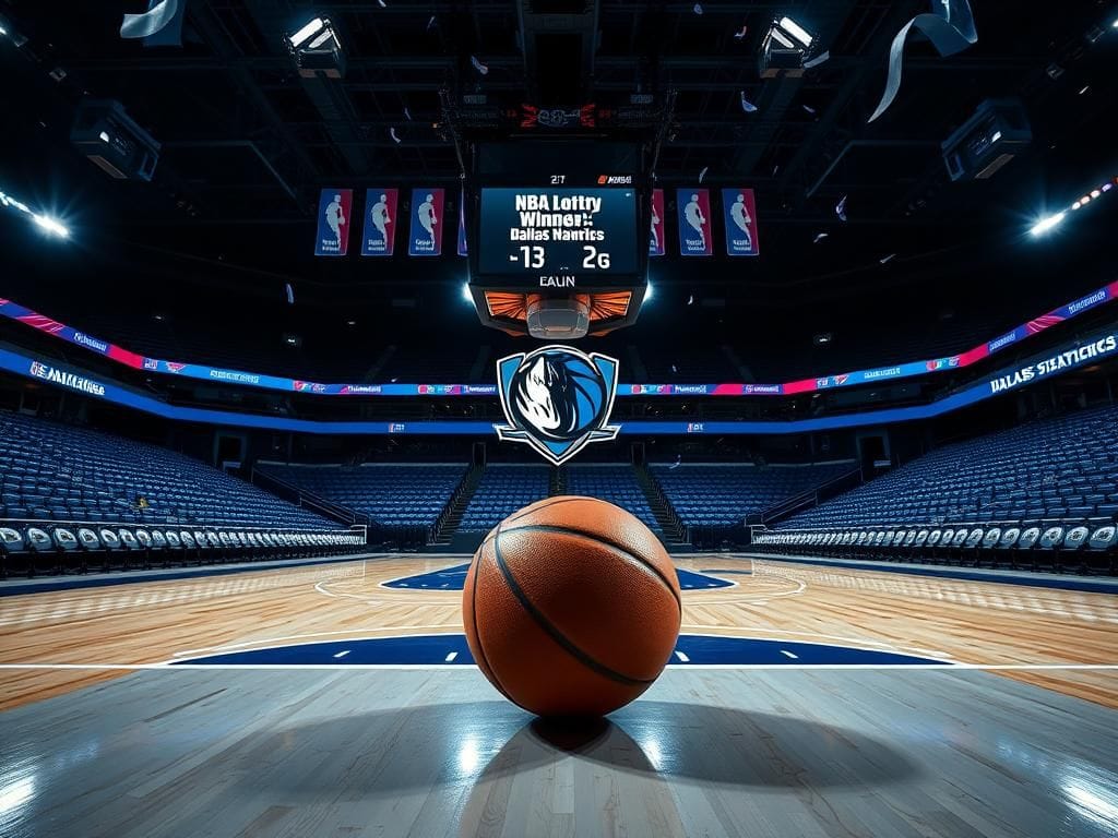 Flick International A polished basketball on a court with Dallas Mavericks logo and digital scoreboard announcing NBA Draft Lottery results.